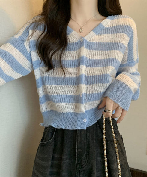 ワイドボーダー編みニットカーディガン